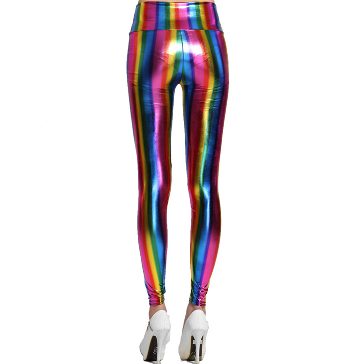 European and American New Sexy Women's Rainbow Bronzing Imitation Leather Leggings Striped Slim-Fit Slimming High Waist Large Size Pants