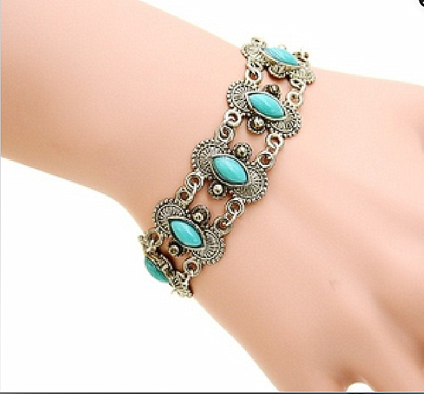 Deseo plata tibetana Bohemia turquesa moda hermosa pulsera retro estilo étnico turquesa gota de agua tobillera Retro