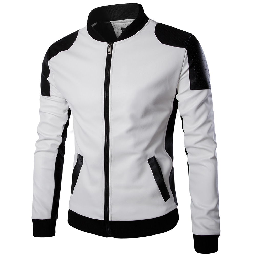 Cross-border new men's stand collar leather fashion black and white color matching large size leather coat M-5XL Y668