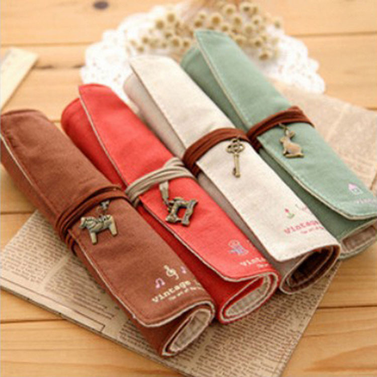 Factory direct Korean small fresh cotton retro roll pencil case creative student canvas stationery bag pen curtain
