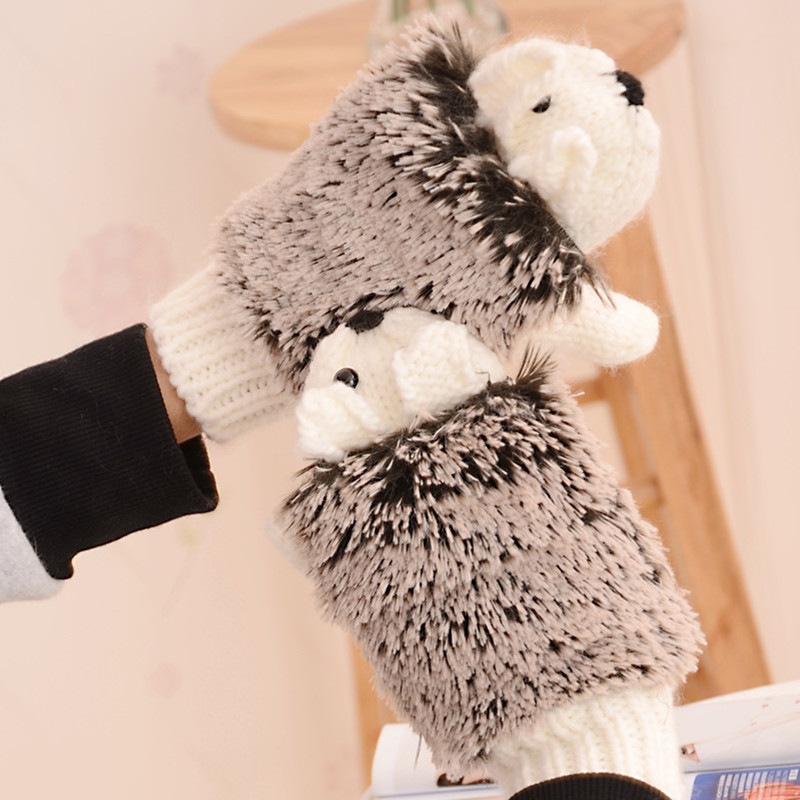 Creative Winter Full Finger Cartoon Hedgehog Wool Gloves Korean Style Girls' Finger-connected Knitted Double-layer Warm Gloves