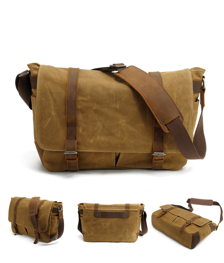 Vintage Canvas Shoulder Bag Casual Crossbody Men's Bag Wax Waterproof Canvas Computer Bag with Crazy Horse Leather Postman Bag_voghion.com