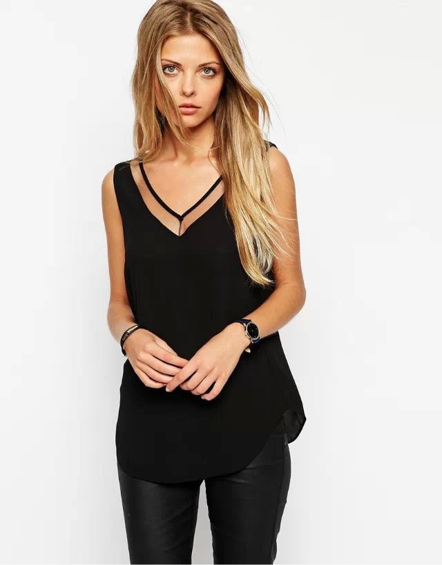 2023 Large Size European and American Women's Sleeveless Chiffon Shirt Solid Color V-neck T-shirt Women's Mesh Stitching Sexy Slim-fit Vest for Summer