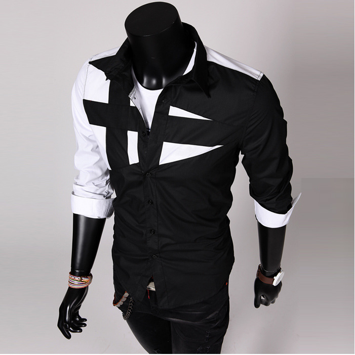 Foreign trade explosions wholesale Korean men's trend slim fashion personality stitching long sleeve shirt perennial C01