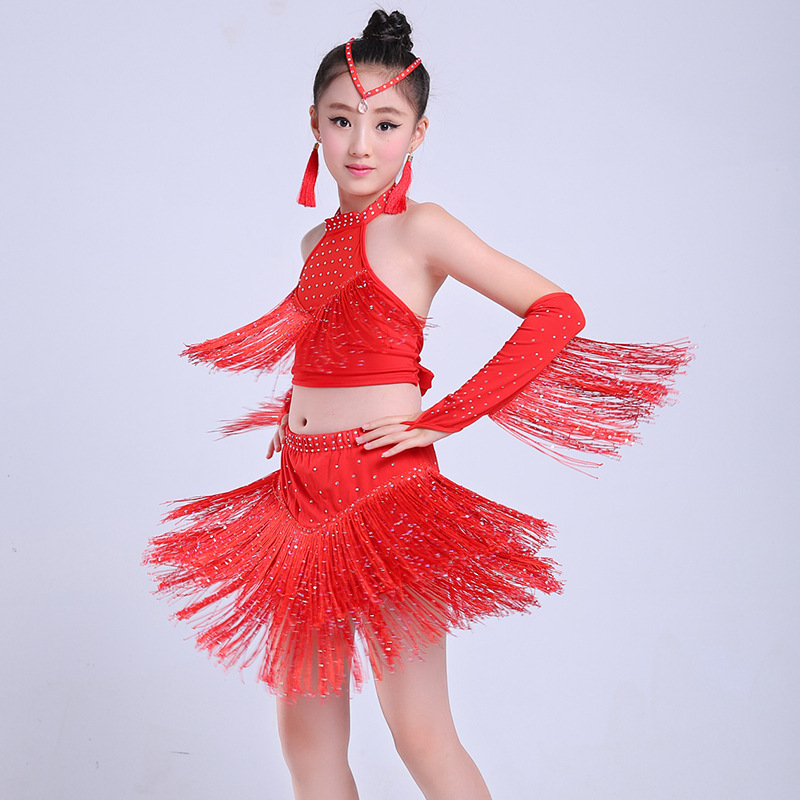 New Children's Latin Dance Suit Girl's Sequin Tassel Latin Skirt Children's Latin Suit Competition Performance Suit