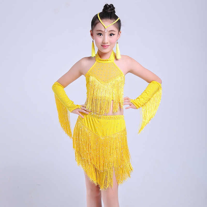 New Children's Latin Dance Suit Girl's Sequin Tassel Latin Skirt Children's Latin Suit Competition Performance Suit