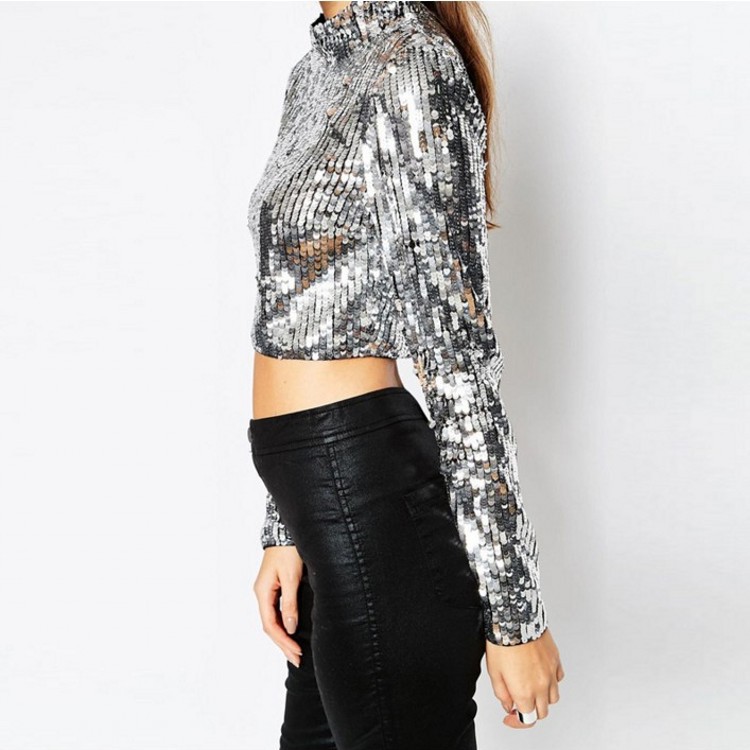 Factory wholesale spring new fashion nightclub style full sequined top sexy navel slim-fit women's stage wear
