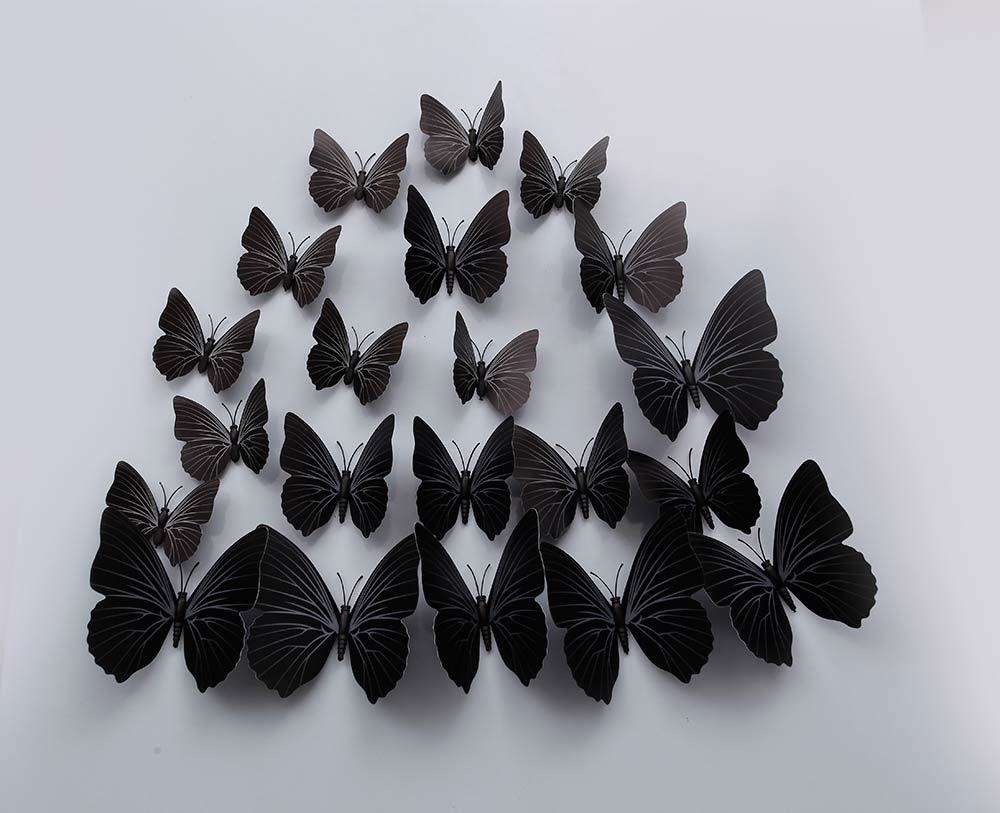 TL008 Pure Color Black Simulation Butterfly 3D Стерео Стерео Стенки Стенки 12 комплектов магнитов с клеем