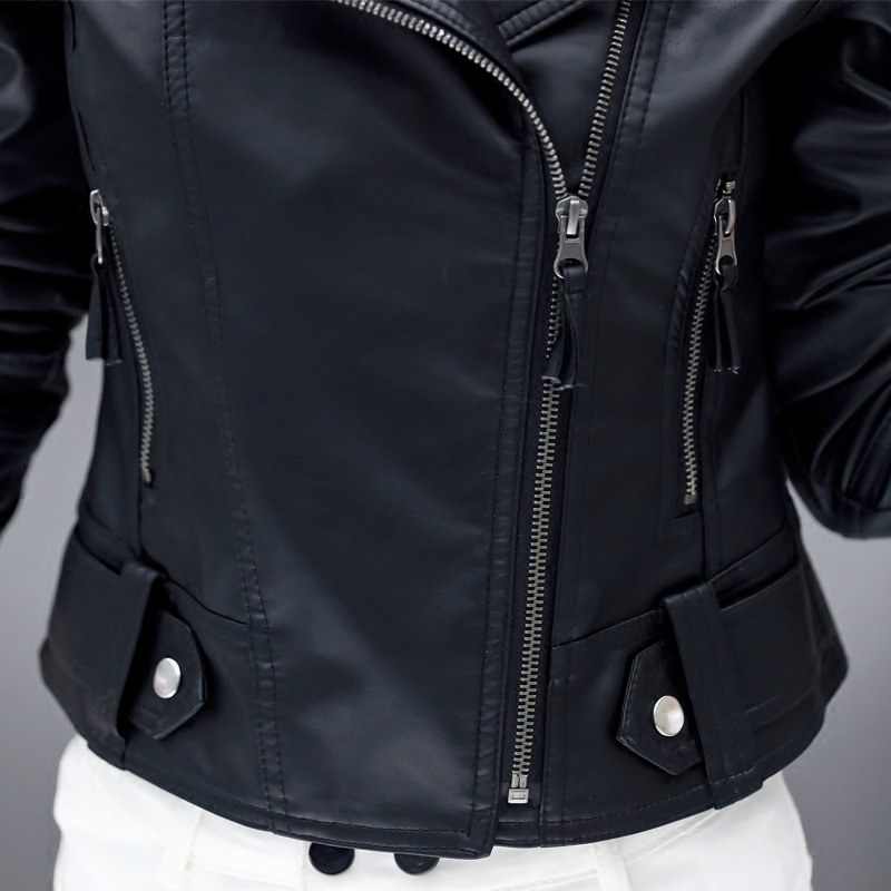  Spring and Autumn New PU Motorcycle Leather Jacket Women's Short Korean Style Slim Large Size Short Jacket Small Leather Jacket Trendy