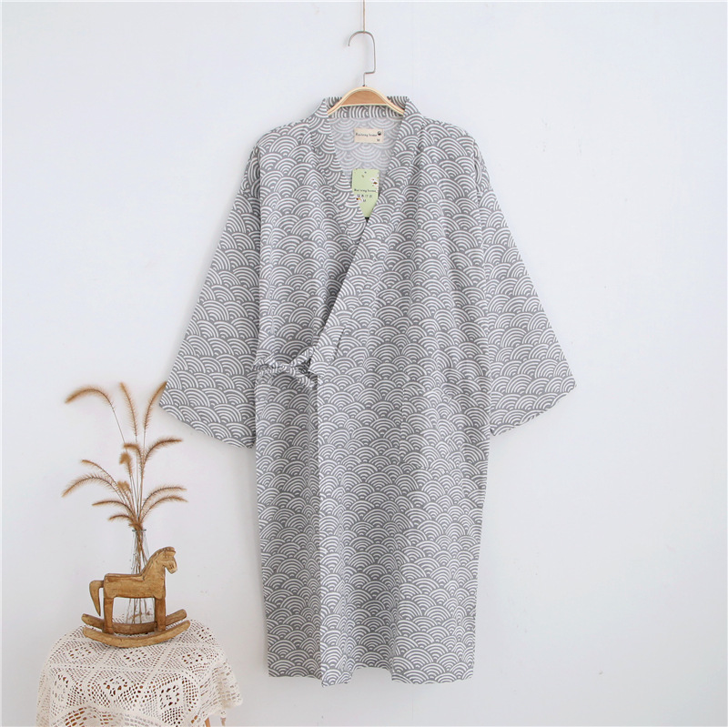 Cotton double-layer gauze nightgown men's bathrobe spring/summer autumn one-piece pajamas thin mid-length home wear