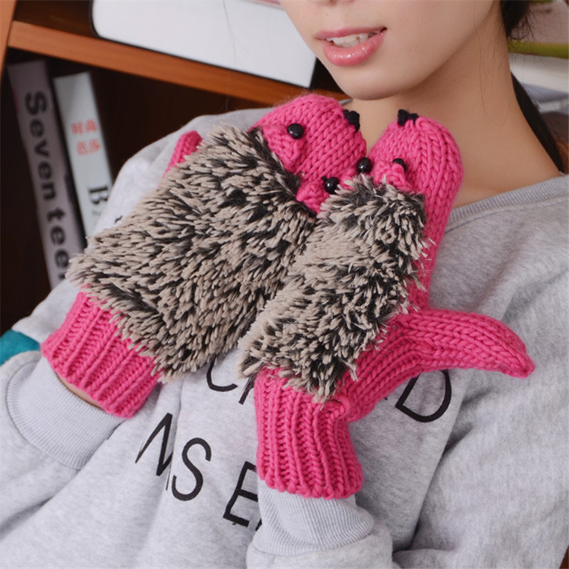 Creative Winter Full Finger Cartoon Hedgehog Wool Gloves Korean Style Girls' Finger-connected Knitted Double-layer Warm Gloves