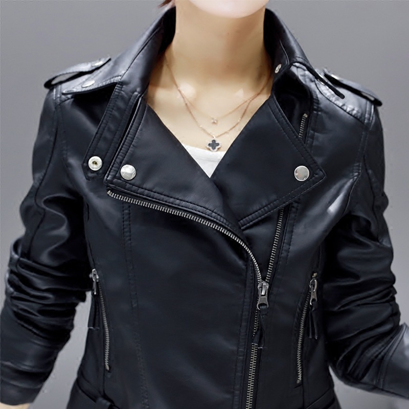  Spring and Autumn New PU Motorcycle Leather Jacket Women's Short Korean Style Slim Large Size Short Jacket Small Leather Jacket Trendy