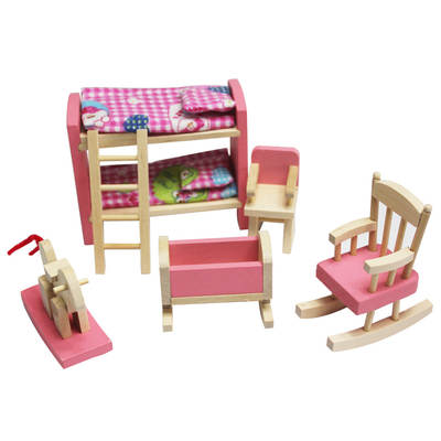 Pink Small Furniture Wooden High and Low Bed Children's Play House Early Childhood Toy Wood 35