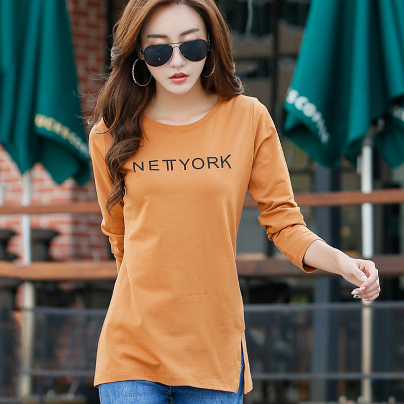 2022 spring new Korean version of loose split letters long sleeve women's T-shirt 95 cotton large size base shirt Real shot wholesale