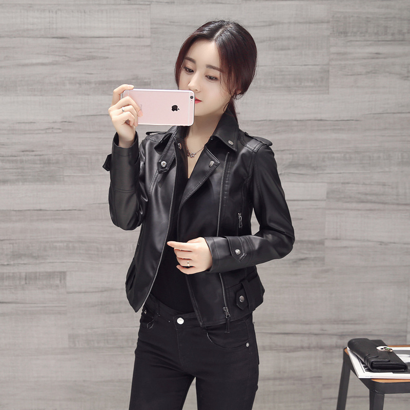 2018 Spring and Autumn New PU Motorcycle Leather Jacket Women's Short Korean Style Slim Large Size Short Jacket Small Leather Jacket Trendy