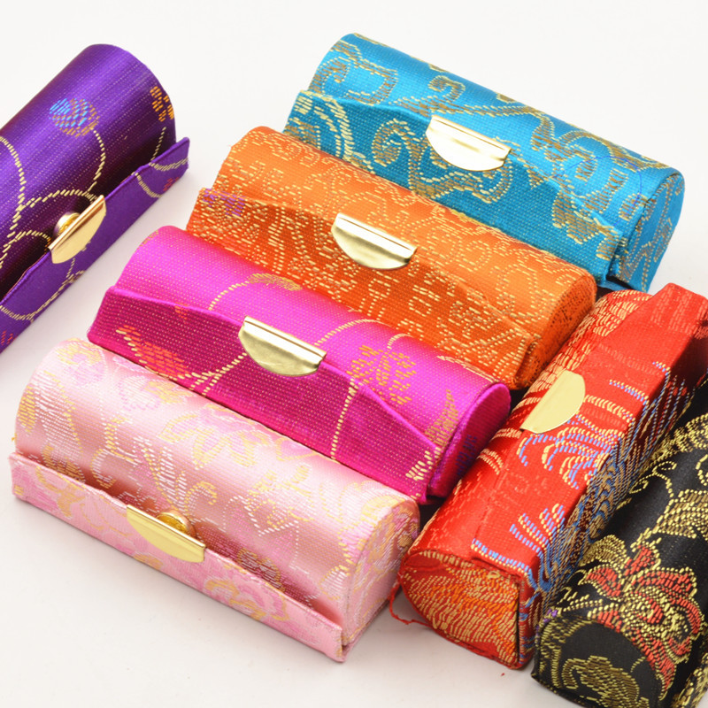 Silk embroidered single lipstick box satin woven single lipstick box jewelry packaging storage box with mirror