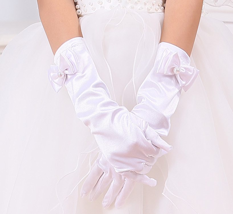 Children's gloves baby flower girl dress gloves White pink girls bow wedding gloves factory wholesale