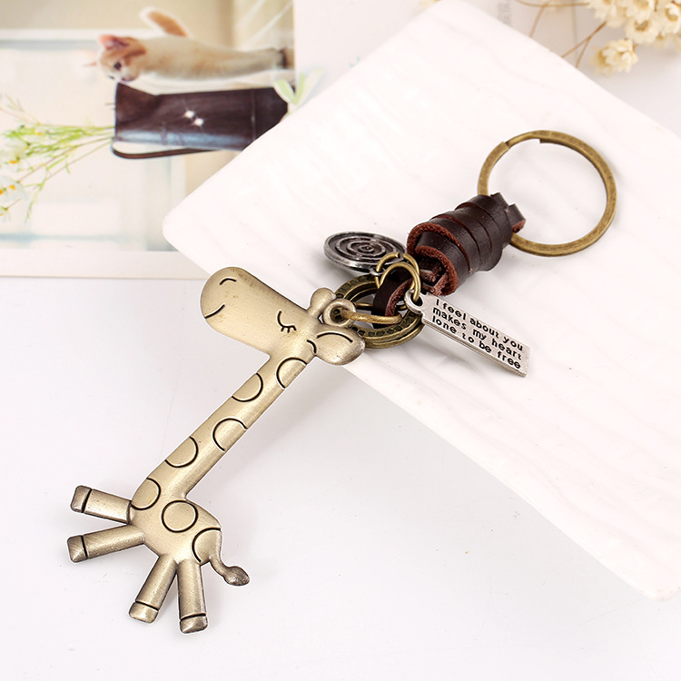 Punk factory direct vintage cowhide keychain bronze cute giraffe genuine leather keychain creative small gift