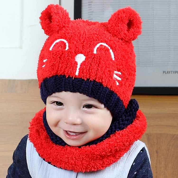 Baby Cat Hat Scarf Two-piece Set Autumn and Winter Baby Warm Plush Pullover Hat Scarf Two-piece Set