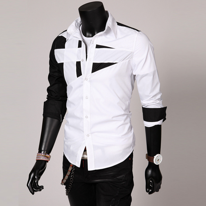 Foreign trade explosions wholesale Korean men's trend slim fashion personality stitching long sleeve shirt perennial C01