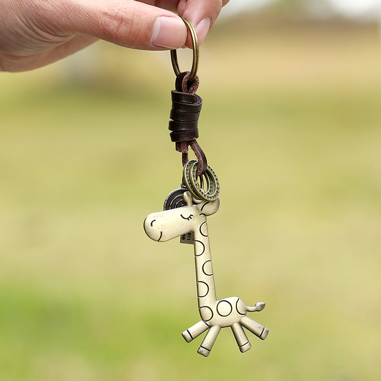 Punk factory direct vintage cowhide keychain bronze cute giraffe genuine leather keychain creative small gift