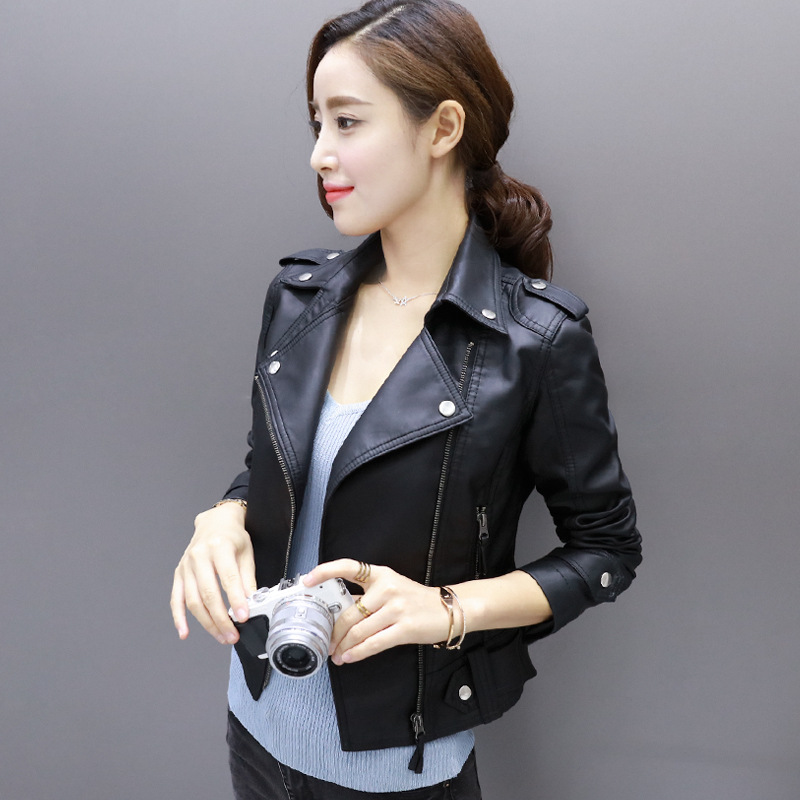  Spring and Autumn New PU Motorcycle Leather Jacket Women's Short Korean Style Slim Large Size Short Jacket Small Leather Jacket Trendy