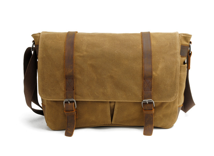 Vintage Canvas Shoulder Bag Casual Crossbody Men's Bag Wax Waterproof Canvas Computer Bag with Crazy Horse Leather Postman Bag_voghion.com