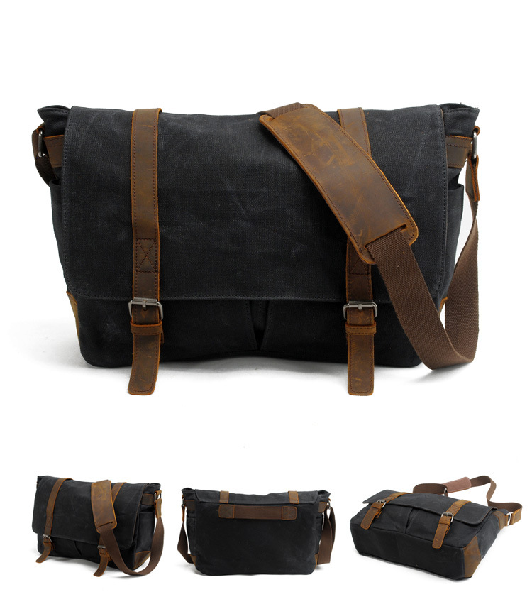 Vintage Canvas Shoulder Bag Casual Crossbody Men's Bag Wax Waterproof Canvas Computer Bag with Crazy Horse Leather Postman Bag_voghion.com