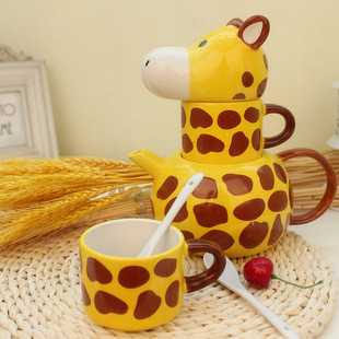 Creative Ceramic Cup Cute Giraffe Animal Mug with Lid Couple Cup Set Gift