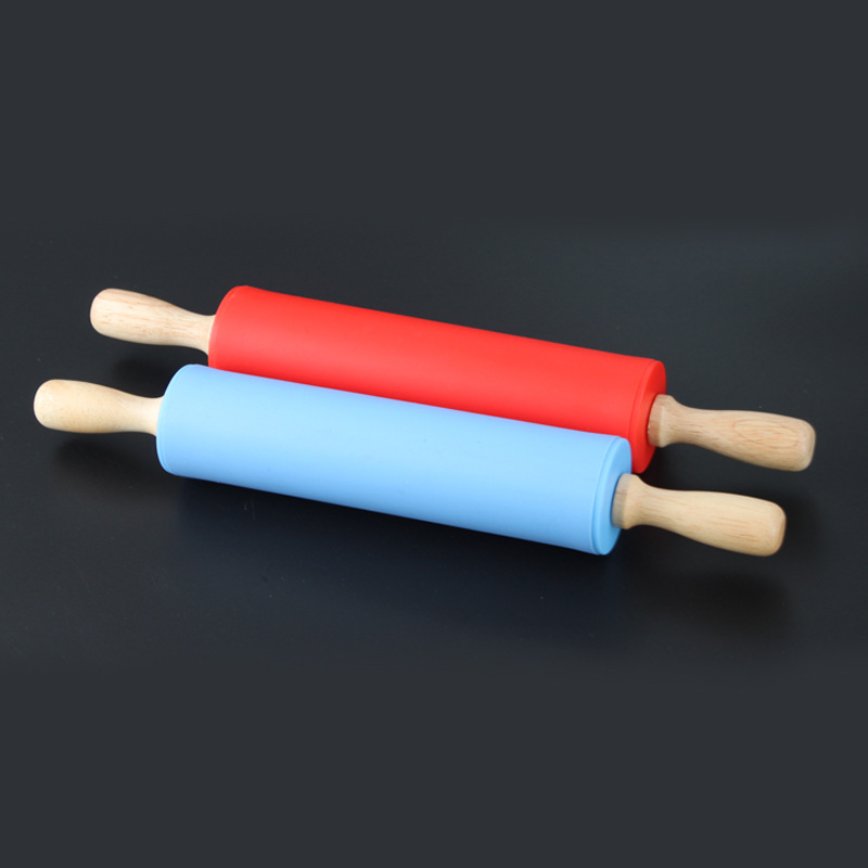 Wholesale 29cm baking tools silicone rolling pin solid wood handle roller non-stick rolling pin stick flour stick