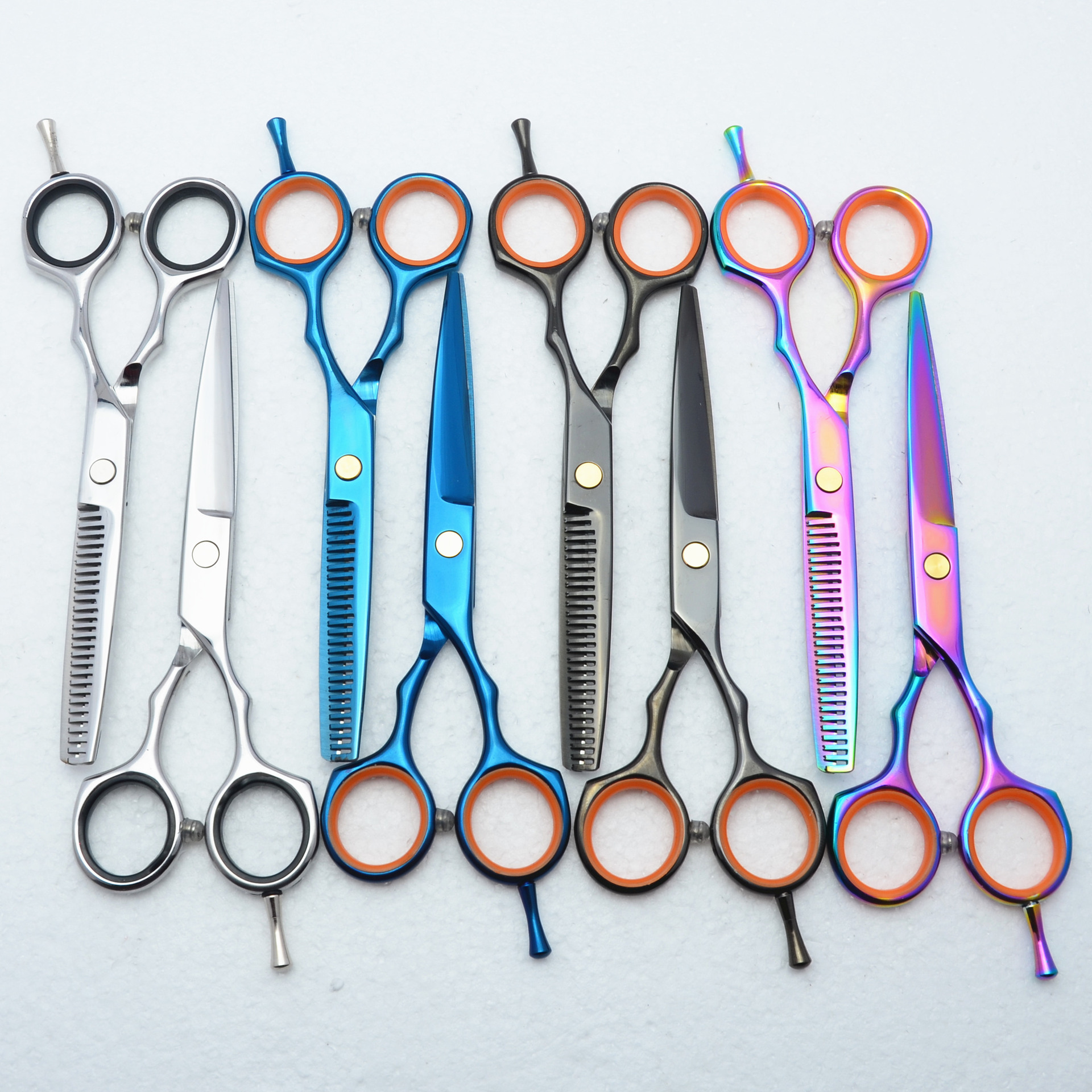 5.5 inch barber scissors symmetrical handle flat tooth scissors black color blue silver home hairdressing tools factory wholesale