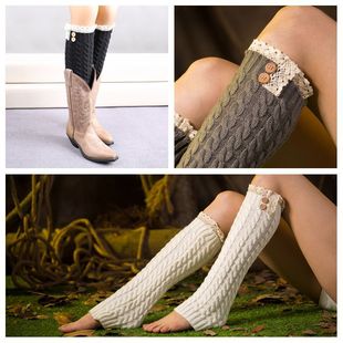 Cross-Border special knitted wool foot set warm boot set Winter lace lace button 8-character twist button socks set