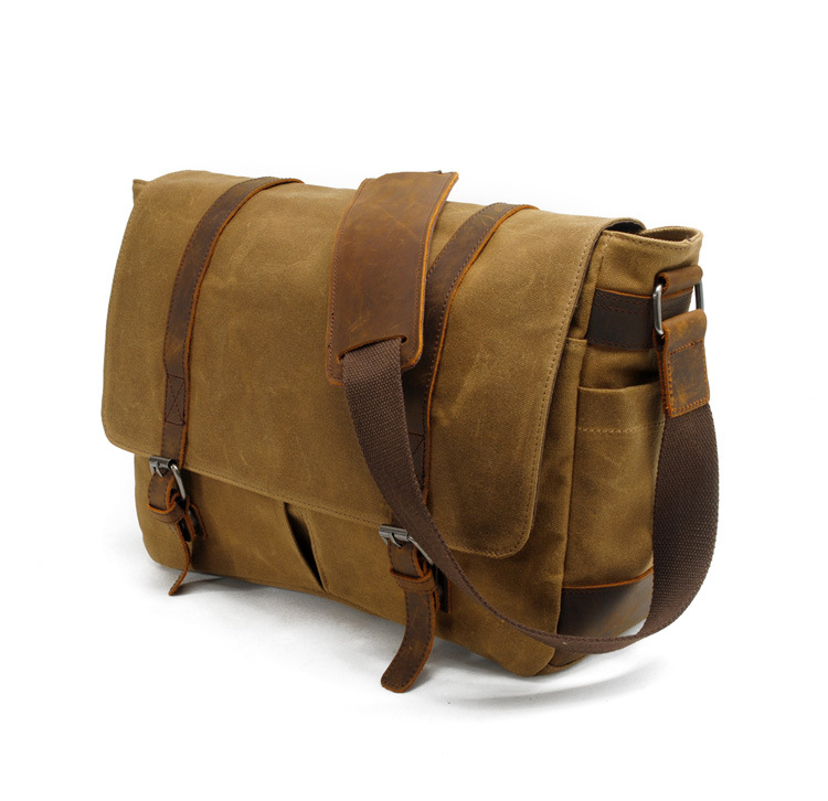 Vintage Canvas Shoulder Bag Casual Crossbody Men's Bag Wax Waterproof Canvas Computer Bag with Crazy Horse Leather Postman Bag_voghion.com