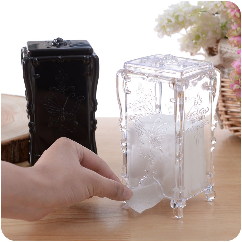 Vintage butterfly rose flower cosmetic cotton storage box with lid cotton ball plastic transparent desktop storage box organizing box