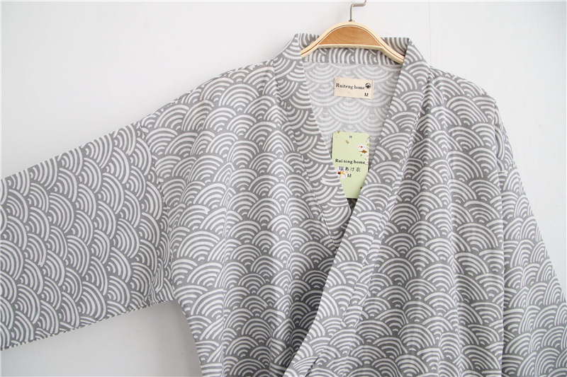 Cotton double-layer gauze nightgown men's bathrobe spring/summer autumn one-piece pajamas thin mid-length home wear