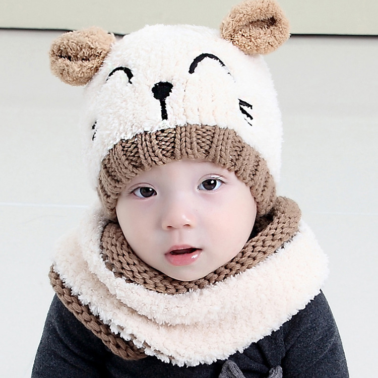 Baby Cat Hat Scarf Two-piece Set Autumn and Winter Baby Warm Plush Pullover Hat Scarf Two-piece Set