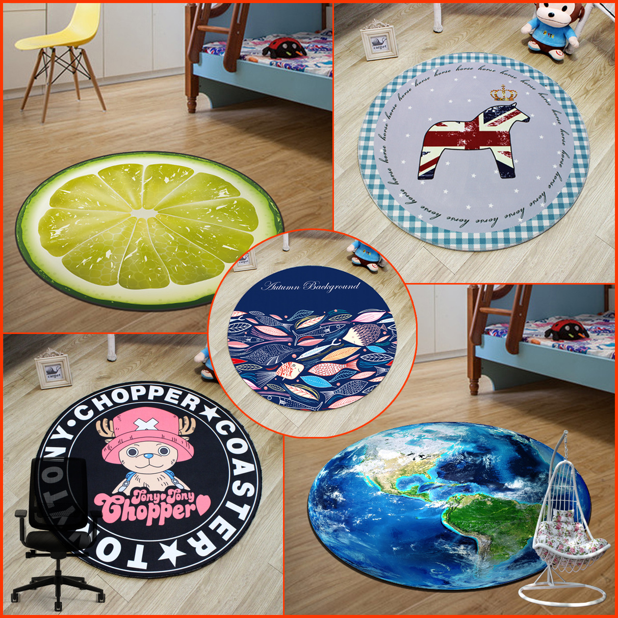 Factory wholesale round carpet computer turn chair cushion hanging basket children's cartoon climbing blanket can make pattern logo