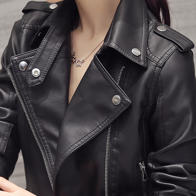 2018 Spring and Autumn New PU Motorcycle Leather Jacket Women's Short Korean Style Slim Large Size Short Jacket Small Leather Jacket Trendy