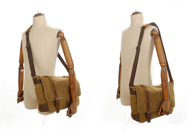 Vintage Canvas Shoulder Bag Casual Crossbody Men's Bag Wax Waterproof Canvas Computer Bag with Crazy Horse Leather Postman Bag_voghion.com