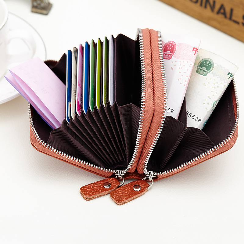 New Genuine Leather Card Bag Wholesale Organ Card Bag Card Holder Double Zipper Card Bag Multi-Card Bit First Layer Cowhide Coin Purse