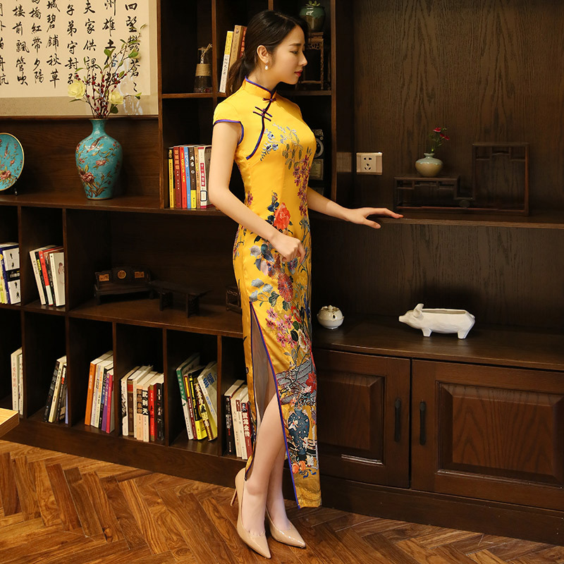 定位花黃色雙層長款改良旗袍2024新款女中式復古走秀款演出服代發