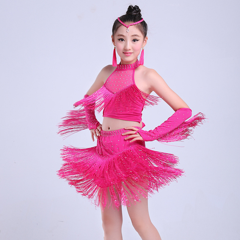 New Children's Latin Dance Suit Girl's Sequin Tassel Latin Skirt Children's Latin Suit Competition Performance Suit