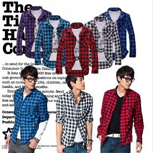 2023 new men's slim-fit foreign trade long-sleeved shirt plaid shirt men's purple wholesale one-piece delivery