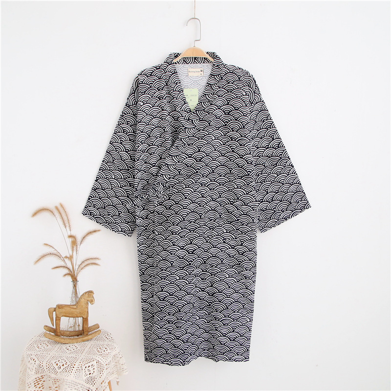 Cotton double-layer gauze nightgown men's bathrobe spring/summer autumn one-piece pajamas thin mid-length home wear