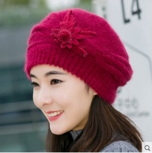 Hat Women's Winter Korean Style Flower Rabbit Fur Hat Thickened Beret Warm Knitted Wool Hat Autumn and Winter Mother Hat