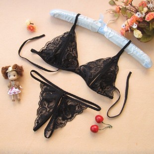 Adult sexy underwear women's bra super sexy bikini strap lace perspective three-point crotch panties