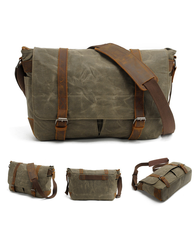 Vintage Canvas Shoulder Bag Casual Crossbody Men's Bag Wax Waterproof Canvas Computer Bag with Crazy Horse Leather Postman Bag_voghion.com