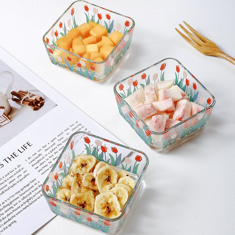 Korean ins Style Daisy Flower Glass Bowl Square Bowl Snack Bowl Snack Snack Bowl Tulip Flower Salad Bowl
