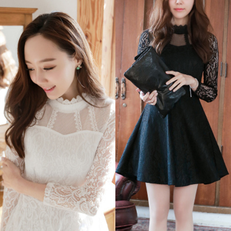 2021 Autumn and Winter New Lace Dress Mid-length Long-sleeved Bottoming Dress Slim-fit Princess Dress Women's Clothing