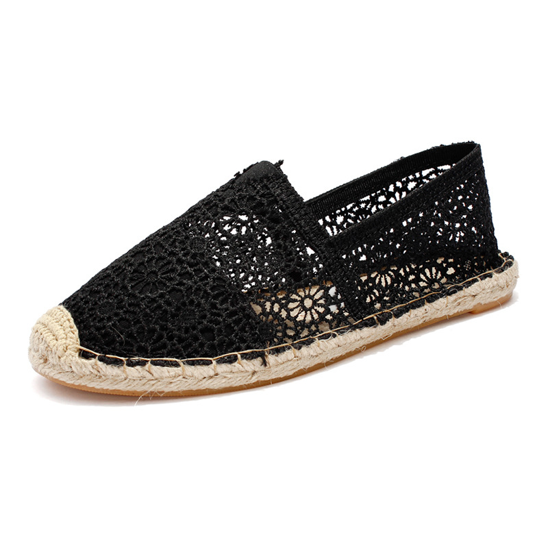 Summer Straw Fisherman Shoes Women's Lace Hollow Slip-on Flat Lazy Shoes Casual Linen Shoes Wholesale